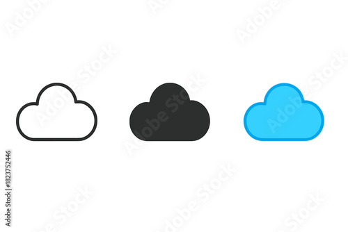 Cloud Icons Trio. Minimalist cloud classification icon: three identical cloud type diagrams in a row, first in line style with