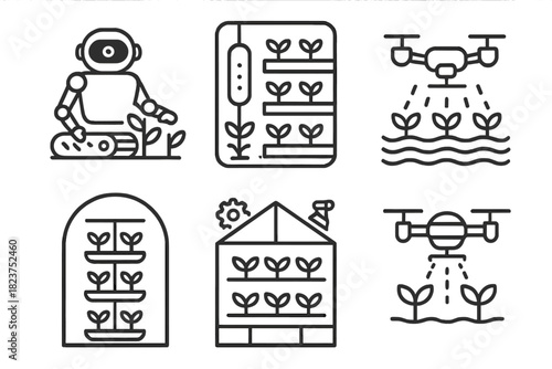 Futuristic Farming Icons. Line style icons of futuristic farming: AI robot tending plants, vertical pod garden, automated floating