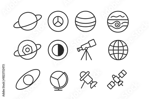 Saturn Structure Icons. Line style icons of Saturn’s Structure: Saturn, Ring, Core, Atmosphere; Cloud Bands, Storm, Pole, Shadow;