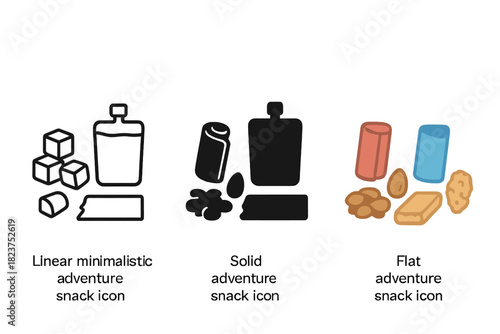 Adventure Snack Icons. Linear minimalistic adventure snack icon: protein bites, fruit leather, water pouch, nut mix, energy bar,