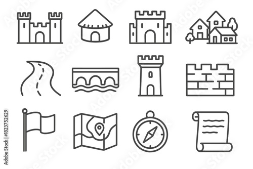 Historical Settlement Icons. Line style icons of Historical Settlements: Castle, Hut, Fort, Village; Road, Bridge, Tower, Wall;
