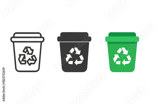 Minimalist Recycling Bins. Minimalist recycling bin icon: three identical recycling bins in a row, first in line style with thin