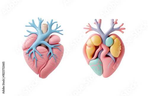 3d pastel human heart anatomy front and cross section isolated on transparent background