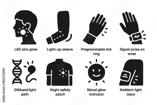 Bioluminescent Wearable Icons. Solid style icons of bioluminescent wearables: LED-skin glow icon, light-up sleeve, programmable