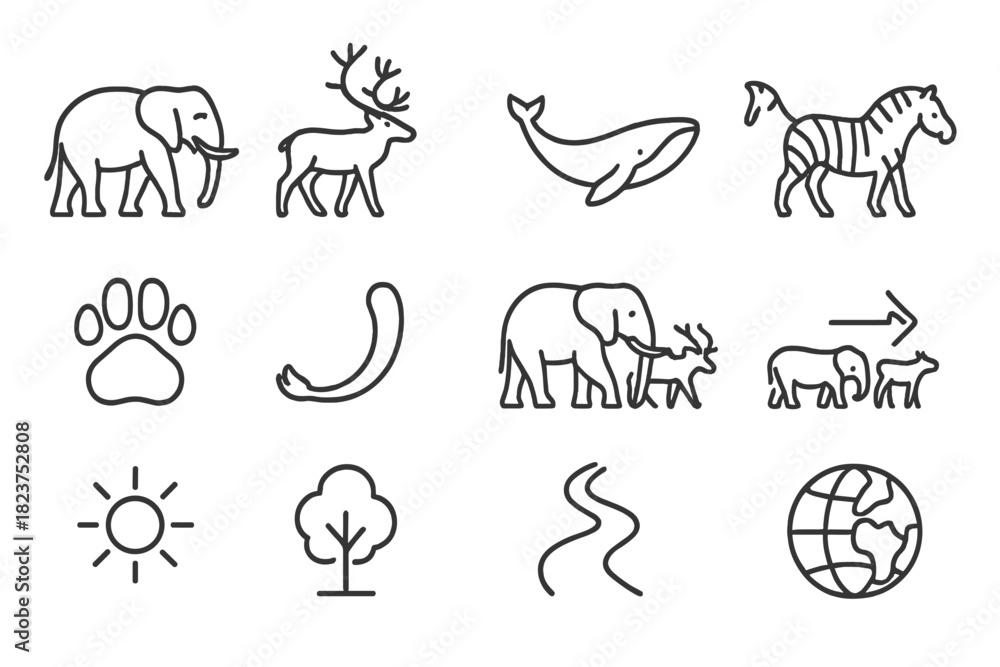 Obraz premium Mammal Migration Icons. Line style icons of Mammal Migration: Elephant, Caribou, Whale, Zebra; Footprint, Tail, Herd, Leader; Sun,