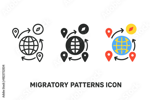 Migratory Patterns Icons. Linear minimalistic migratory patterns icon: flight path lines, directional arrows, globe, waypoint