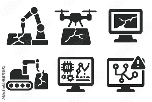 Robotic Repair Automation Icons. Solid style icons of repair automation systems: robotic arm applying agent, drone inspection,