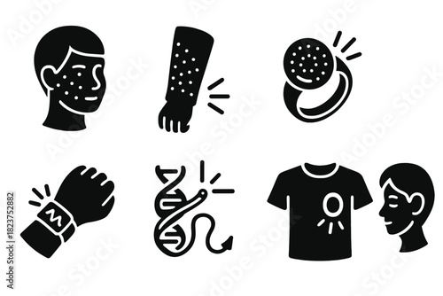 Bioluminescent Wearable Icons. Solid style icons of bioluminescent wearables: LED-skin glow icon, light-up sleeve, programmable