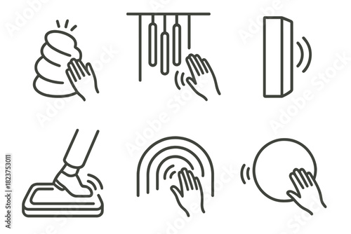 Interactive Sound Sculptures. Line style icons of interactive sound sculptures: touch-sensitive sculpture, gesture-controlled