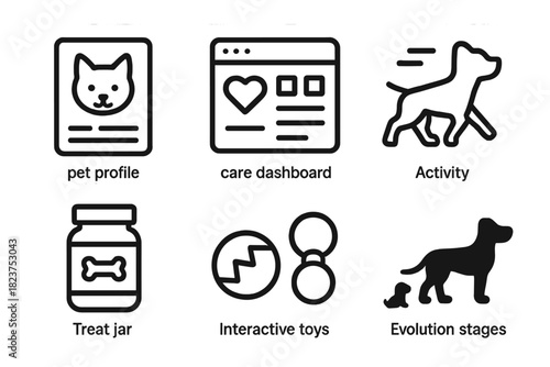 Digital Pet Icons. Linear minimalistic digital companion icon: pet profile, care dashboard, activity icons, treat jar, interactive
