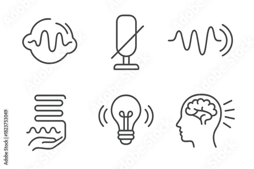 Conceptual Sound Art Icons. Line style icons of conceptual sound art: invisible tone form, silence sculpture, symbolic echo line,