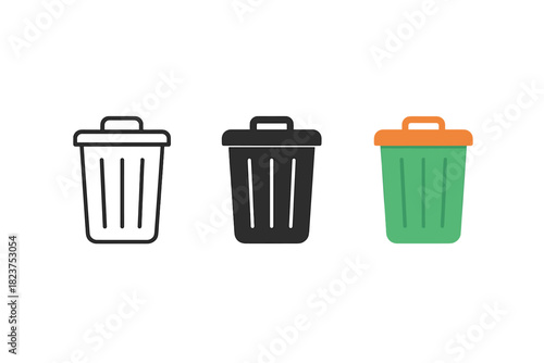 Minimalist Trash Bins. Minimalist garbage day icon: three identical trash bins in a row, first in line style with thin outline,