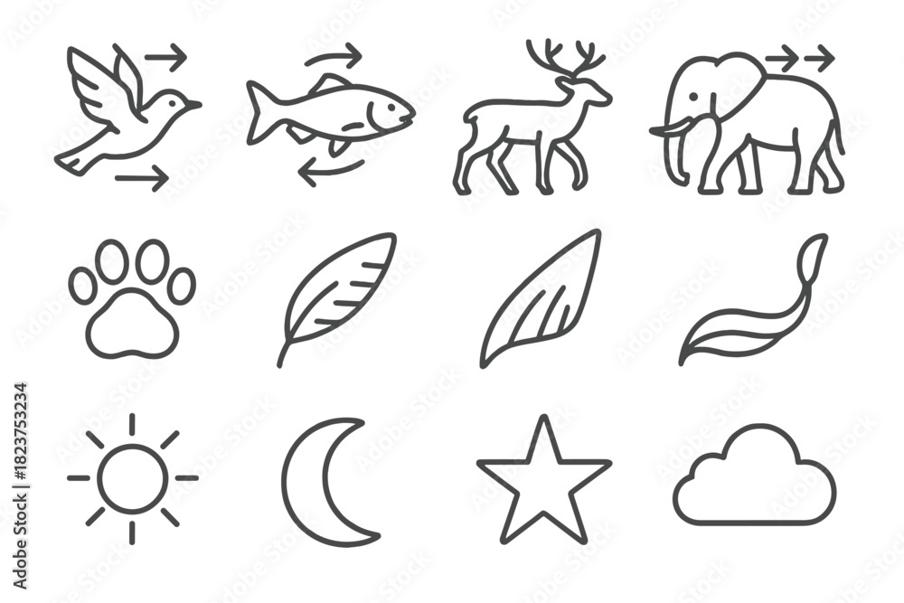 Obraz premium Animal Migration Icons. Line style icons of Animal Migration: Bird, Fish, Deer, Elephant; Footprint, Wing, Fin, Tail; Sun, Moon,