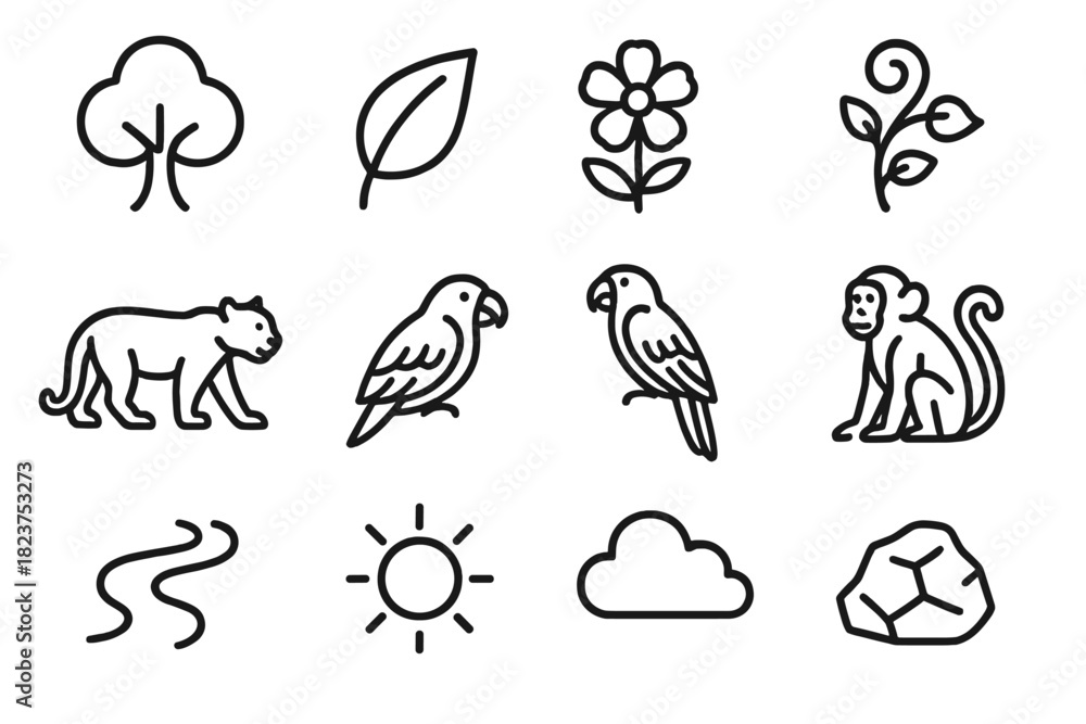 Fototapeta premium Biodiversity Icons Collection. Line style icons of Biodiversity Hotspots: Tree, Leaf, Flower, Vine; Jaguar, Macaw, Frog, Monkey;