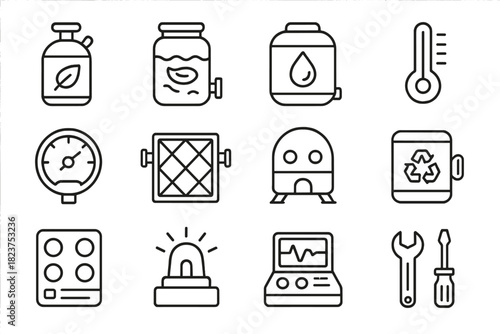 Life Support Line Icons. Line style icons of Life Support Systems: oxygen generator, CO2 scrubber, water tank, temperature control