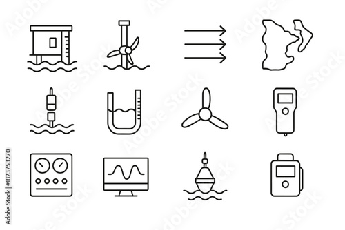 Tidal Flow Study Icons. Line style icons of Tidal Flow Studies: tidal gauge, underwater turbine, current arrows, coastal map; flow