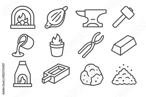 Ancient Metallurgy Icons. Line style icons of Ancient Metallurgy: forge, bellows, anvil, hammer; molten metal, crucible, tongs,