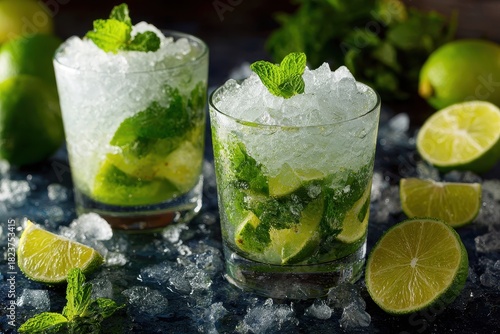 Refreshing Mojito Cocktails with Fresh Mint and Lime on Crushed Ice.