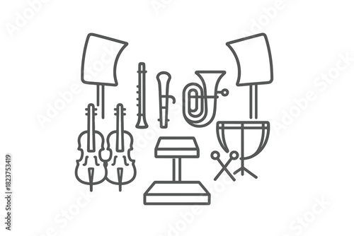Orchestral Arrangement Icons. Linear minimalistic orchestral arrangement icon: string instruments, woodwind section, brass,