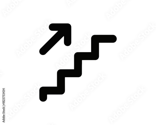 Black staircase graphic with an arrow pointing up and to the left on a white background design element