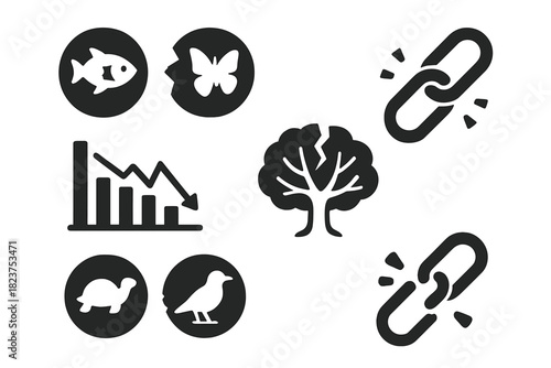 Biodiversity Loss Icons. Solid style icons of damaged biodiversity: missing link icons, silhouette gaps, fragment species. Genetic