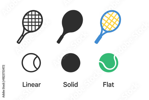 Tennis Icon Designs. Linear minimalistic tennis racket icon: racket outline with grid, uniform line thickness, no fill, Solid