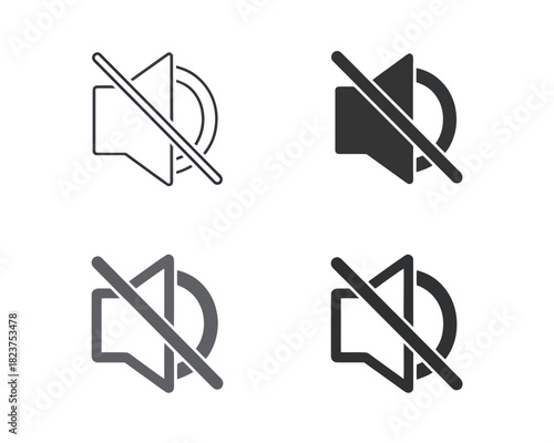 Four muted speaker icons in varying shades of gray and black with a diagonal line through each one