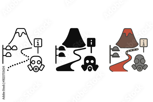 Volcanic Tourism Icons. Linear minimalistic volcanic tourism icon: visitor trail, lava hazard zone, helmet rack, info center,