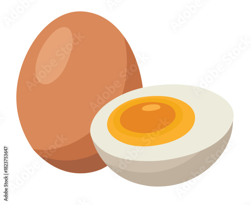 A whole brown egg and a halved hard boiled egg illustration
