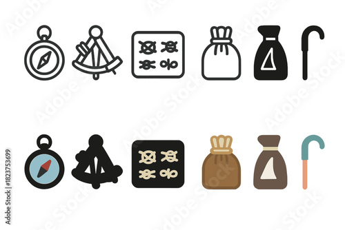 Sailing Tools Icons. Linear minimalistic sailing tools icon: compass, sextant, knot chart, rope bag, sail bag, boathook with