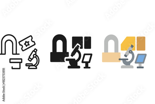 Museum Visit Icons. Linear minimalistic museum visit icon: entrance gate, ticket pass, exhibit panels, microscope, touchscreen