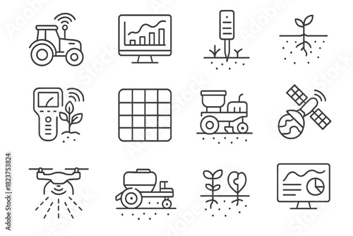 Precision Farming Icons. Line style icons of Precision Farming: GPS tractor, yield monitor, soil sensor, mapping software; crop