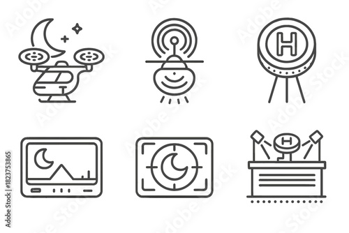 Nighttime Flying Taxis. Line style icons of nighttime flying taxis: flying cab with moon, illuminated rotor lights, glowing