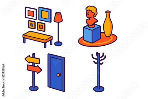 Vibrant Hallway Interior. Isometric vector illustration set Interior layout – hallway gallery wall, bench seat, accent light;