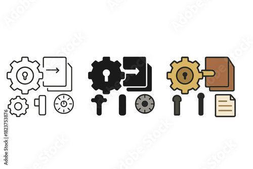 Mechanical Puzzle Icons. Linear minimalistic mechanical puzzle icon: gear lock, twistable panels, secret knob, combination wheel,