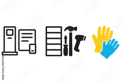 Tool Library Icons. Linear minimalistic tool libraries icon: rental system kiosk, maintenance logbook, storage shelves, hand tools