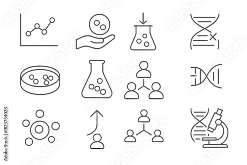 Genetic Drift Icons. Line style icons of Genetic Drift: allele frequency chart, random selection, population graph, mutation mark;
