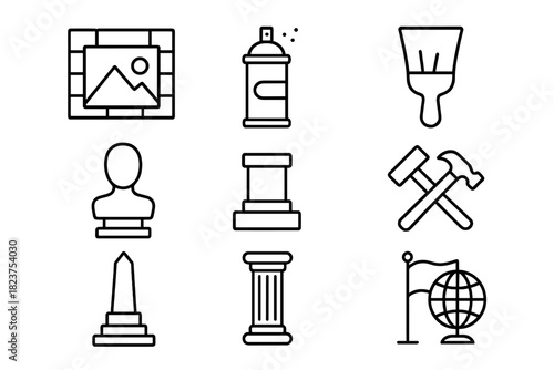 Public Art Icons. Line style icons of Public Art: Mural, Spray Paint, Brush, Wall; Sculpture, Pedestal, Chisel, Hammer; Monument,