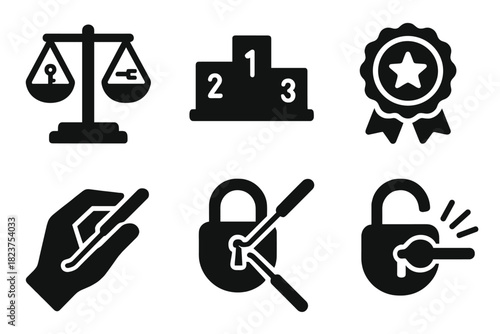 Competitive Lockpicking Icons. Line style icons of Competitive Lockpicking: lockpick judging scale, podium icon, best technique