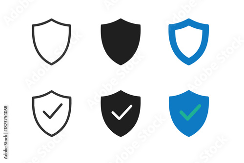 Shield Icon Variations. Linear minimalistic shield icon: classic shield outline, uniform line thickness, no fill, Solid shield