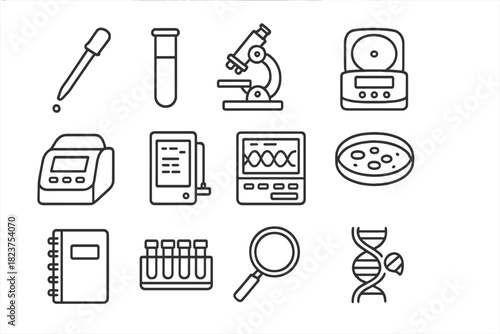 Genetics Lab Icons. Line style icons of Laboratory Genetics Tools: pipette, test tube, microscope, centrifuge; PCR machine,