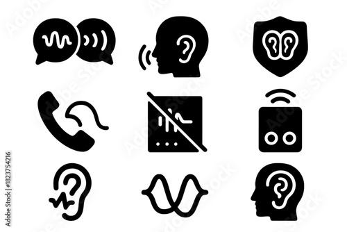 Auditory Illusion Icons. Solid style icons of auditory illusion study: phantom word glyph, echo chamber icon, auditory badge.
