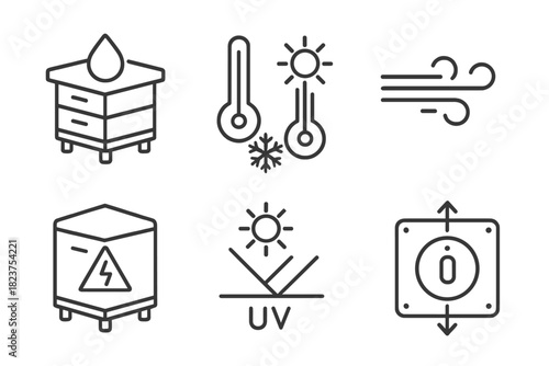 Weather Icon Set. Line style icons of weather considerations: rainproof hive cover, temperature range icon, wind protection symbol