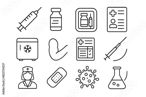 Vaccination History Icons. Line style icons of Vaccination History: syringe, vaccine vial, injection tray, medical chart; cold