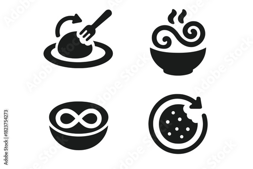 Paradoxical Eating Icons. Solid style icons of eating paradox concepts: full plate after bite, endless meal bowl, dish that never