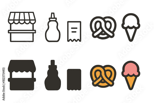 Street Eats Icons. Linear minimalistic street eats icon: crepe stand, syrup bottle, order ticket, waffle, pretzel, ice cream cone