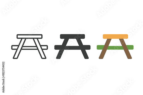 Minimalist Picnic Table Icons. Minimalist picnic table icon: three identical picnic tables in a row, first in line style with thin