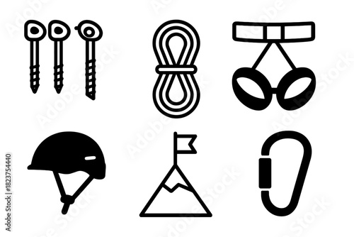 Alpine Climbing Icons. Linear minimalistic alpine climbing icon: ice screws, climbing rope, harness, helmet, summit flag,