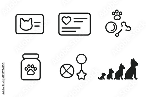Digital Pet Icons. Linear minimalistic digital companion icon: pet profile, care dashboard, activity icons, treat jar, interactive