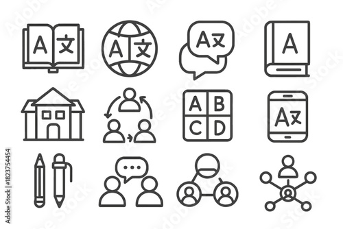 Global Language Icons. Line style icons of Global Languages: translation book, globe with letters, speech bubbles, dictionary;